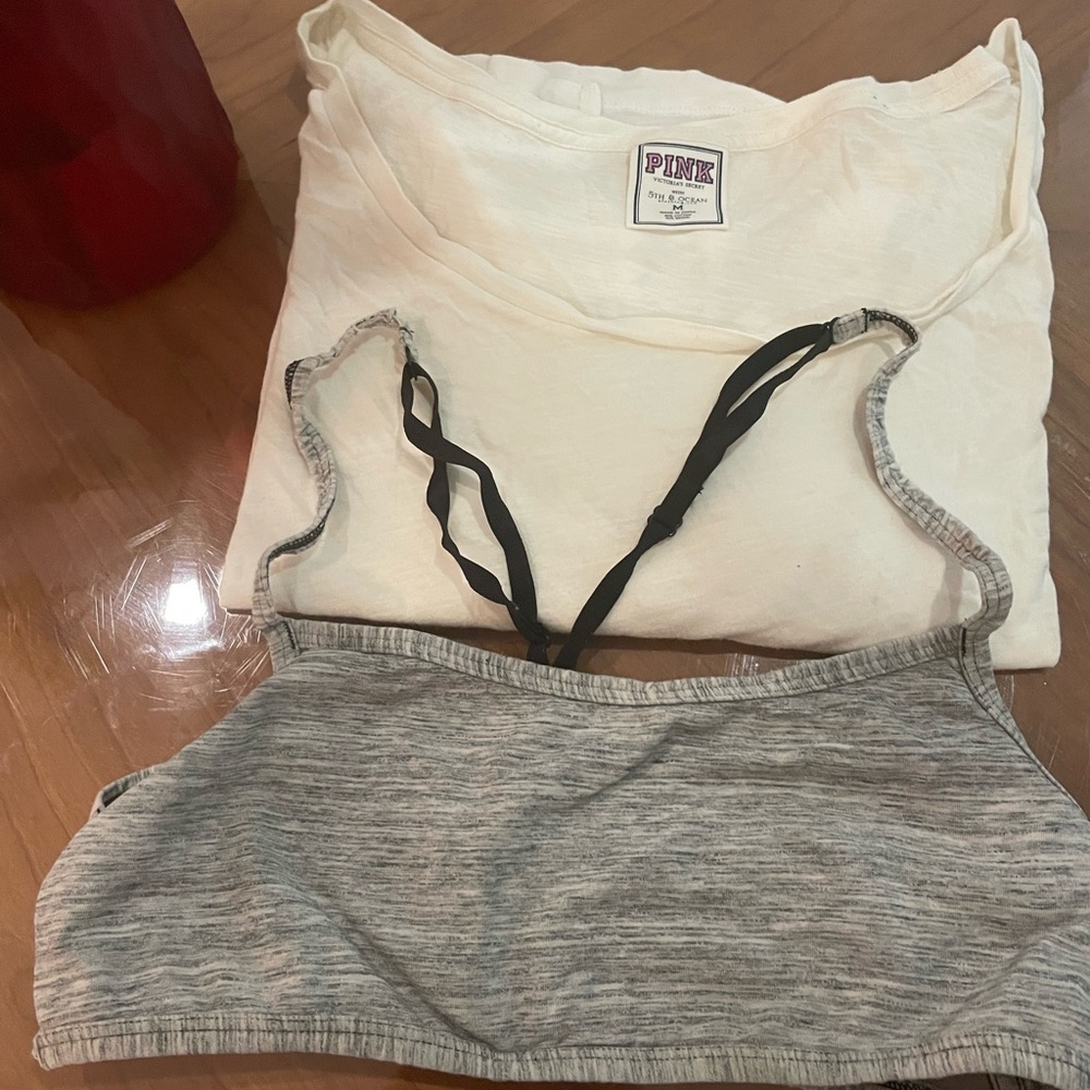 PINK bundled White and Gray  sports bra with white PINK Crop Top⬇️Price Drop⬇️